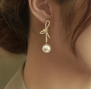 Bow Earrings Dangle Drop Gold Tone Knot Faux Pearl Earring Pierced Bowknot New - Picture 1 of 9