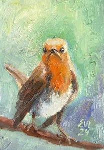 Robin Original Oil Painting Bird Wall art Wall decor Canvas board 5x7 inches - Picture 1 of 1