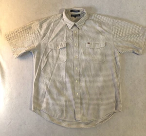 Tommy Hilfiger Mens Shirt XL Short Sleeves Button Up Yellow with Blue Stripes - Picture 1 of 12