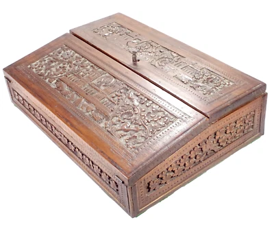 Anglo Indian Writing Slope Carved Wood Detailed 31cmL c1870 Antique As Seen Rare - Image 1 of 4