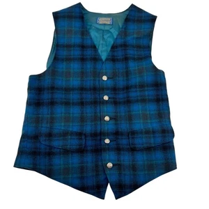 Pendleton Weste blau grün Schottenkaro Schurwolle V-Ausschnitt Knopfleiste Herren Medium " - Bild 1 von 7