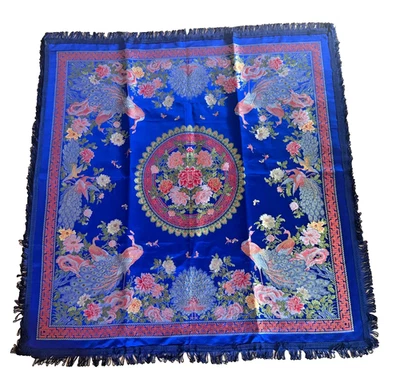 VTG Silk Weave Royal Blue Floral Pheasant Tablecloth Cover Hangzhou Dujinsheng - Image 1 of 4