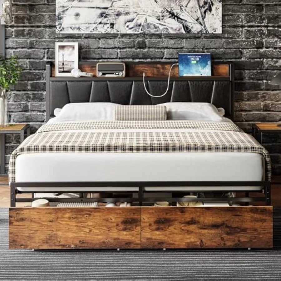 Marco de cama tamaño completo, cabecero de almacenamiento con estación de carga, plataforma Foto 1 de 4