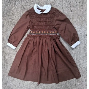Vintage Polly Flinders Hand Smocked Brown Long Sleeve Dress Size 6 - Picture 1 of 9
