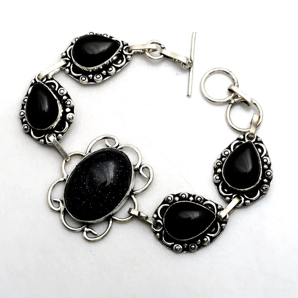 Pulsera hecha a mano con piedras preciosas de ónix negro piedra solar azul joyería 52 gms regalo AB 26989 Foto 1 de 1