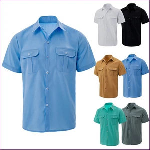 Herren Sommer Revers einfarbig Kurzarm Hemd mit zwei Taschen Freizeit Knopf - Bild 1 von 30