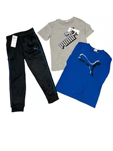 PUMA /Kids Boy 3Pc Set Brand Logo T-shirt And Pants, Blue/Grey/Black Size 6 Kids - Picture 1 of 5