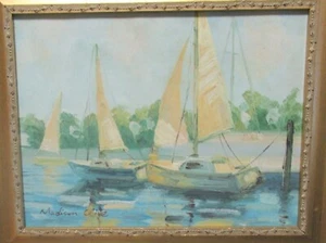 MADISON CLIVE "THE BEACH" ORIGINAL OIL ON CANVAS SAIL BOATS SEASCAPE PAINTING - Picture 1 of 8