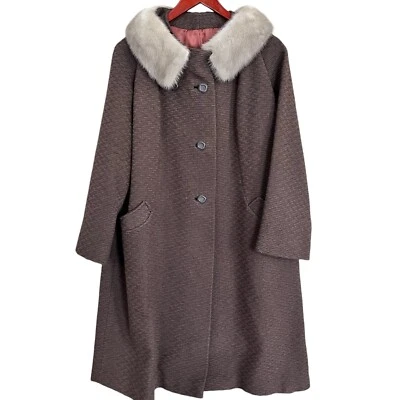 Vintage Stevens Hockanum Montera Wool Coat Womens Medium Beige Taupe Fur Collar - Image 1 of 4