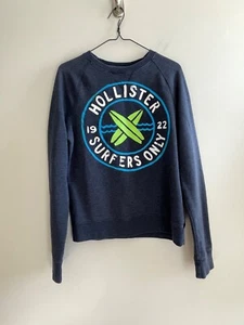 Hollister Crew Neck Sweatshirt Womens M Navy Graphic Print Surfers Only - Picture 1 of 8
