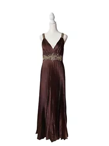 Camille La Vie Brown Pleated Satin Formal Dres W/rhinestone Embellishment Size 4 - Picture 1 of 15