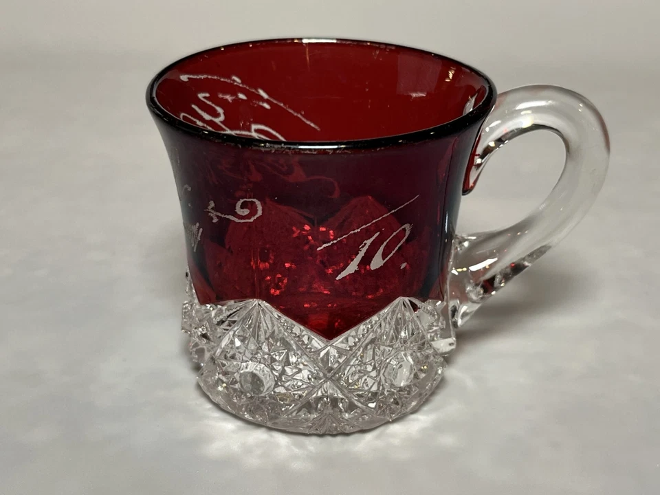 Jefferson Glass Co Star AKA Diamond Peg Ruby Stain Souvenir 3" Mug 1910's Hazel - Image 1 of 4