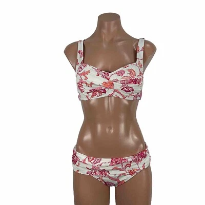 LANDS' END Swimsuit Bikini Top 6 bottom 4 Floral Paisley White Pink Orange 2 pc - Image 1 of 4
