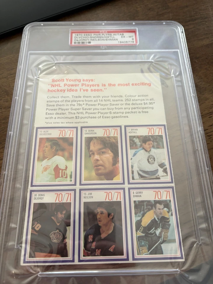 Esso Power Players 1970 con pestaña PSA 6 a True 1/1 Sanderson Delvecchio Hextall Foto 1 de 2