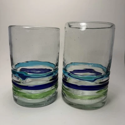 Vintage Mexican Art Glass Pier 1 Highball Clear w/Cobalt & Green Swirl Pair - Image 1 of 4