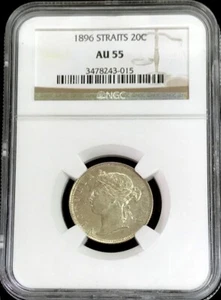 1896 SILVER STRAITS SETTLEMENTS 20 CENTS QUEEN VICTORIA COIN NGC ABOUT UNC 55 - Picture 1 of 3