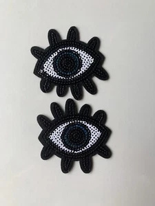 2/pk Turkish Evil Blue Sequin Eye Iron-on Patches with Lashes - Picture 1 of 20