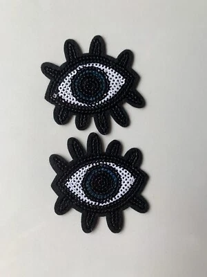 2/pk Turkish Evil Blue Sequin Eye Iron-on Patches with Lashes - Image 1 of 4