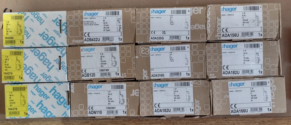 Hager RCBO 30mA AD, ADA, ADA/G, ADB, ADC, ADN. 6A to 40A. ! NEW BOXED !