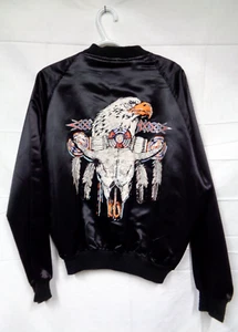 Vtg DIAMOND DUST 100% Black Satin SOUTHWESTERN EAGLE Jacket ~ Size: L - Picture 1 of 14