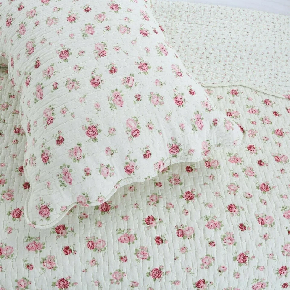 QUALITY NEW! ~ COZY COTTAGE SHABBY CHIC WHITE PINK RED GREEN ROMANTIC ROSE QUILT SET