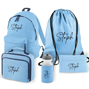 Personalised School Backpack Set Of 5 In Sky Blue with Name for Kids Or Children - Picture 1 of 9