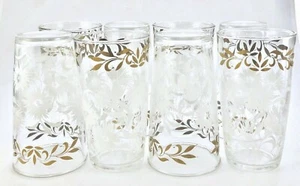 Juego de Vasos Vintage Hazel Atlas (8) Hoja de Oro + Claveles Mediados de Siglo Moderno - Imagen 1 de 5