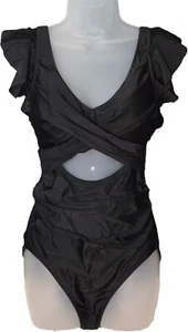 B2prity Womens Black One-Piece Swimsuit M Ruffle Sleeves Cut-Out Design Lined - Picture 1 of 8
