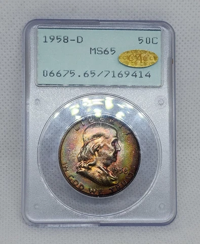 1958 D Franklin Half Dollar PCGS OGH Rattler MS65 GOLD CAC Rainbow Toned Wowza! Cover