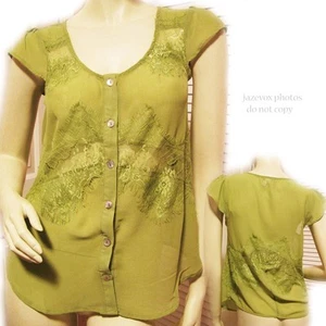 New Vintage Y2K 90s Lace Sheer Top Button Up Green Boho Fairy Fairycore Princess - Picture 1 of 12