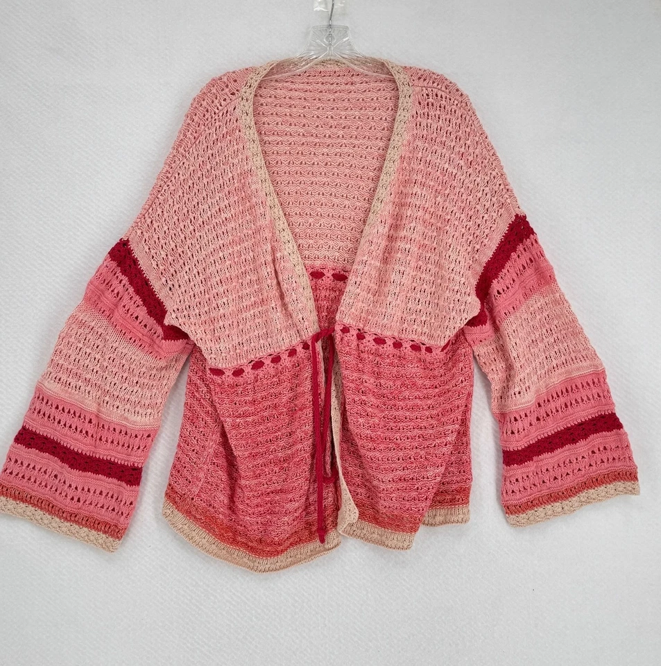 Suéter Cárdigan Sundance Rosa Rayas Tejido Crochet Corbata Frontal Manga Larga Foto 1 de 3