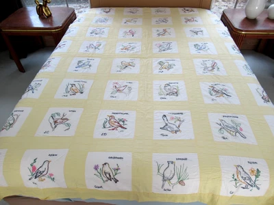 Vintage Dated 1930, VIRGINIA Origin, 48 BIRDS OF USA STATES Quilt - Image 1 of 4
