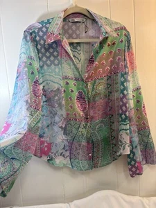 Zara Top L Women's Long Sleeve Button Up Floral Patchwork Satin Green Pink - Picture 1 of 9