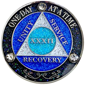 (Years 1-50) AA 32 Year Crystals and Glitter Medallion, Silver Color Plated C... - Picture 1 of 3