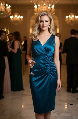 Donna Ricco New York Deep Teal Blue V-Neck Sheath Dress with Ruching Petite 12P - Image 1 of 4