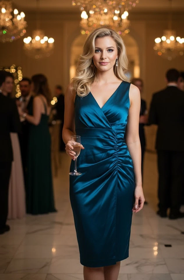 Donna Ricco New York 深青蓝色 V 领紧身连衣裙带 Ruching Petite 12P — 第 1/4 张图片