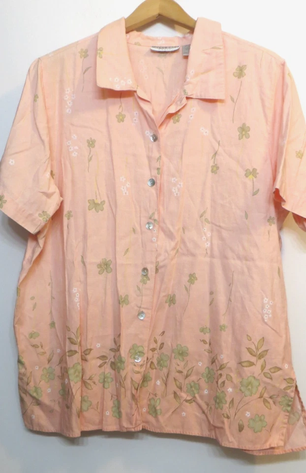 Camisa Dressbarn Mujer 1X Verde Melocotón Floral Abotonada Manga Corta Lino Algodón Foto 1 de 4