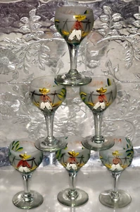 Vintage cordial shot mini goblets hand BLOWN/painted mexico set 6 frosted glass - Picture 1 of 17