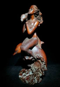 Chinesische Vintage Holzstatue Meerjungfrau Schnitzen Deko Skulptur Zuhause Liebe - Bild 1 von 6