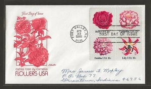 1981 US 18c Block Flowers FDC Rose Camellia Lily Dahlia Scott #1879a - Picture 1 of 2