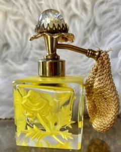 Vintage W IRice 1950s Hand Cut Glass Perfume Atomizer Bottle Yellow Roses Cube - Picture 1 of 19