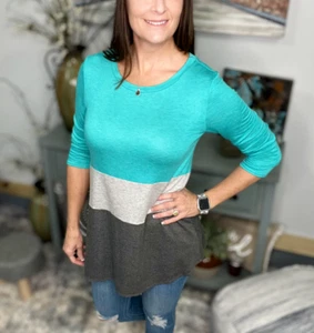 Color Block Contrast A Line Floaty 3/4 Sleeve Round Neck Tunic Green Gray Small - Picture 1 of 11