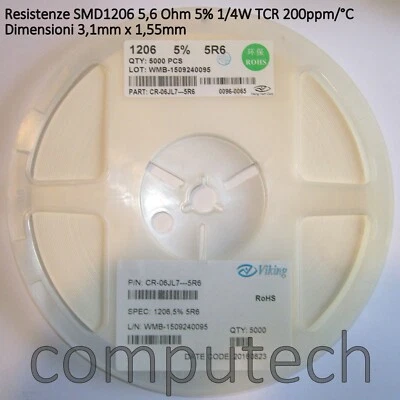 VIKING 50 pezzi 5,6 Ohm 1/4W 5% Resistenze SMD 1206 SMD Code 5R6 5,6Ohm 1/4W