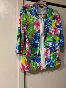 Onque Casual Damen Floral Tropical 3/4 Arm Jacke Mehrfarbig Reißverschluss Größe XL - Bild 1 von 8