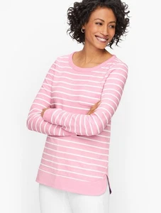 Talbots L Curved Hem Lightweight Sweatshirt Pink Stripe Long Sleeve 100% Cotton - Picture 1 of 12