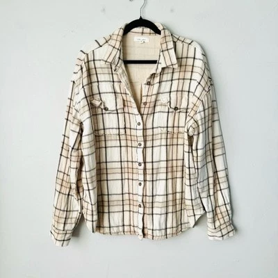 Cleo + Wolf Cream and Brown Plaid Button-Up Shirt Women’s Size XL - Image 1 of 4