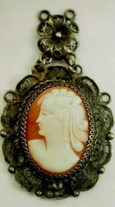 Antique Estate Carved Shell Cameo Sterling Silver Filigree Bezel 30mm - Picture 1 of 7