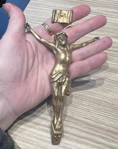 Antique French Christ Corpus Christi Crucifix Gold Brass Cross Metal 5½ Project - Picture 1 of 10