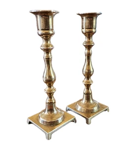 Vintage Set of 2 Brass Footed Candlesticks Holders Square Base Made in Japan 7" - Picture 1 of 6