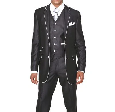 Men's 3-PC Suits with Pants & Vest, Wool Feel, Modern Fit,Black with White Trim  - Image 1 of 4